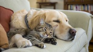 犬とネコが寝ている画像