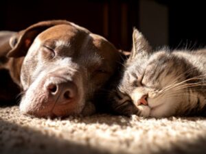 犬とネコが仲良く一緒に寝ている画像